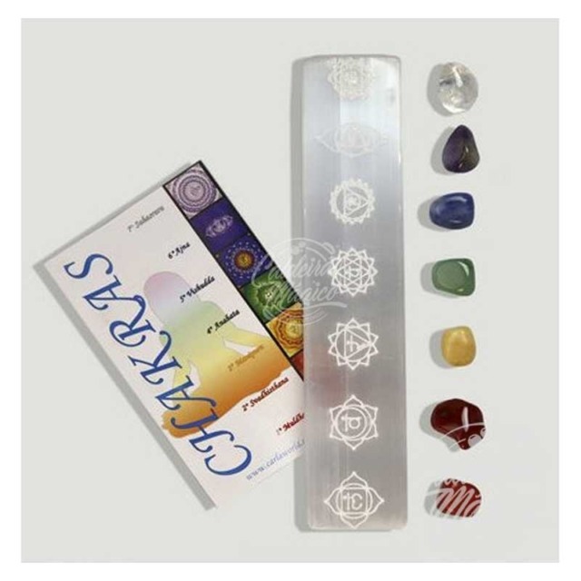 Conjunto Régua Selenite e Bolsa Cristais Chakras Caldeirão Mágico